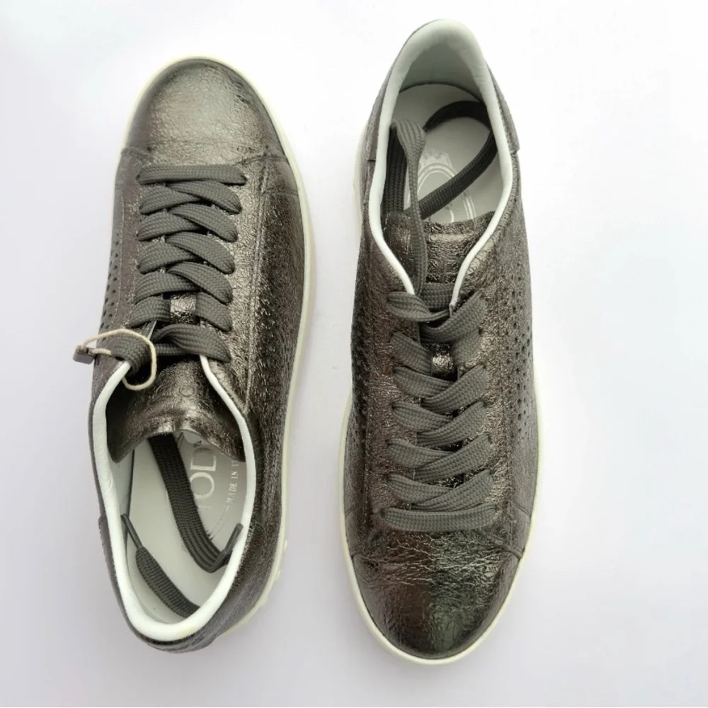 Tod's Women’s Metallic Gunmetal Silver Perforated Leather Low Top Sneakers NEW